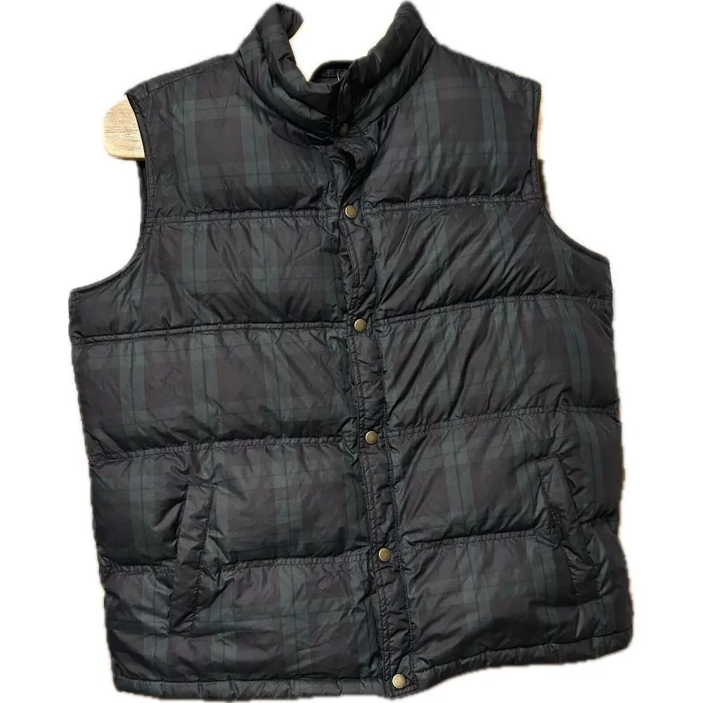 Lands End Puffer Vest Mens XL Green Navy Goose‎ Down Feathers Holiday Christmas